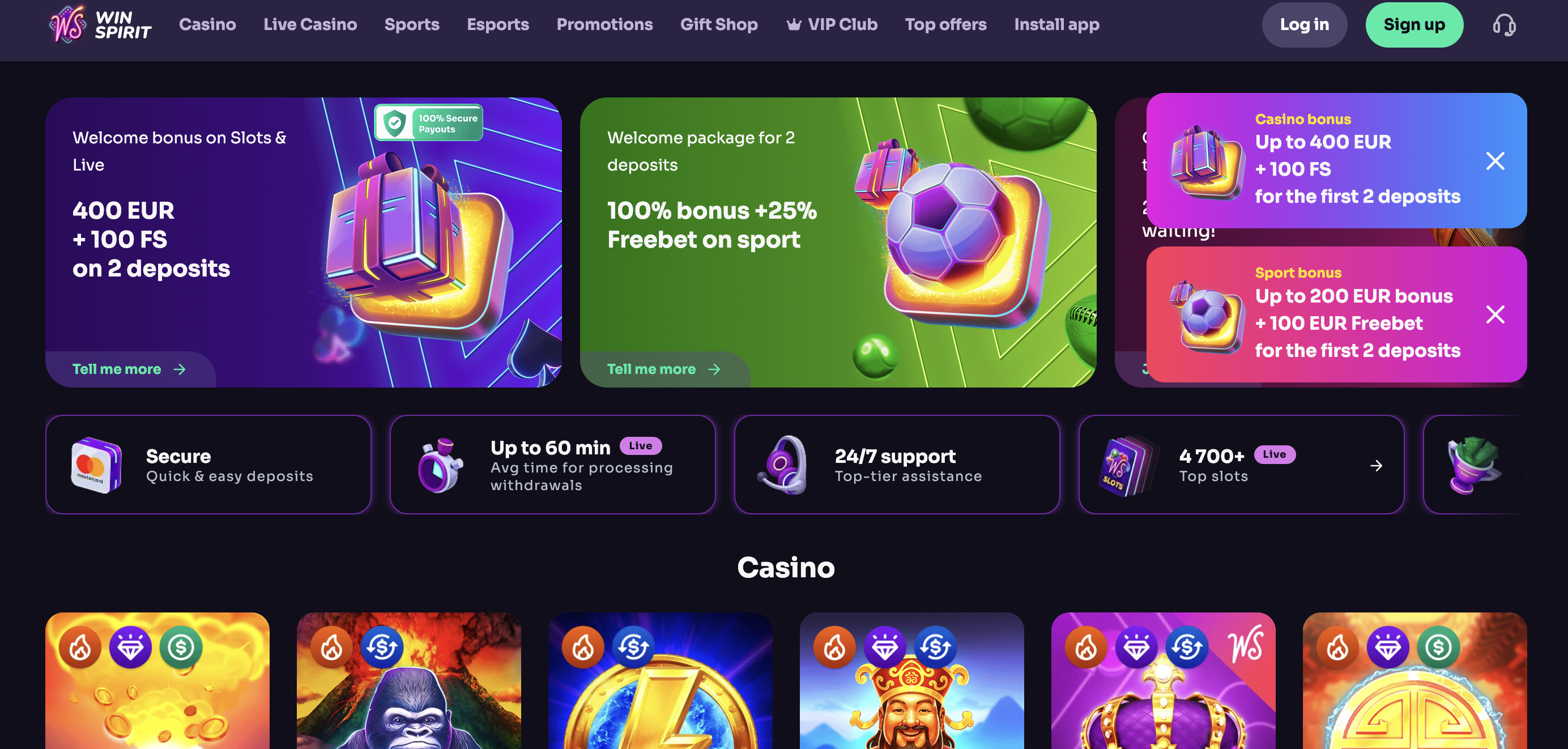WS Casino Bonus Screen